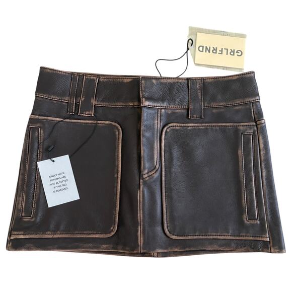 GRLFRND Brown Western Leather Biker Mini Skirt XXS Genuine Cowhide Y2K Moto NWT - Picture 2 of 8